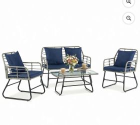 EDX 4 Piece Outdoor Patio Wicker Furniture Set,Rattan Conversation Set with Rectangular Tempered Glass Coffee Table & Soft Cushions for Backyard Balco
