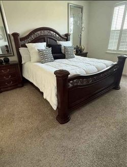 Dark Wood King Bed Frame with Ornate Headboard
