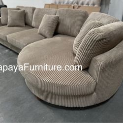 New 125” Deep Seating Comfortable Couch, Sectional, Large Sectional, Corduroy Sectional, Camel Beige Sectional, Brown Sectional With Round Chaise, Sof
