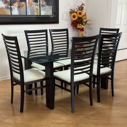 Glass top dark espresso wood table & six chairs