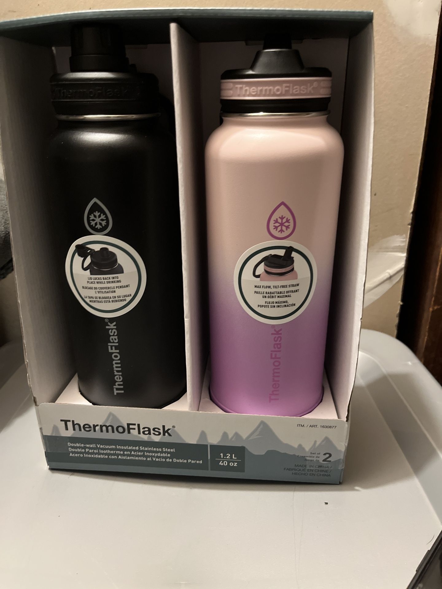 Thermoflask 40oz Stainless Steel Insulated Water Bottles with Straw and Spout Lids, 2-pack, Black/Rose Purple
