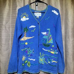 MEDIUM Quacker Factory Embroidered  Blue Seaside Cardigan 