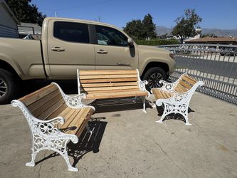 3-Piece Vintage Garden Bench Set - Wood & Cast Iron