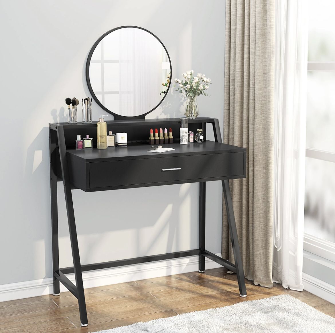 Tribesigns Vanity Table with Round Mirror, Makeup Dressing Tables with Drawer and Storage Shelf