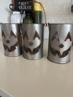 Set of 3 Metal Jack-O-Lantern Lantern Buckets