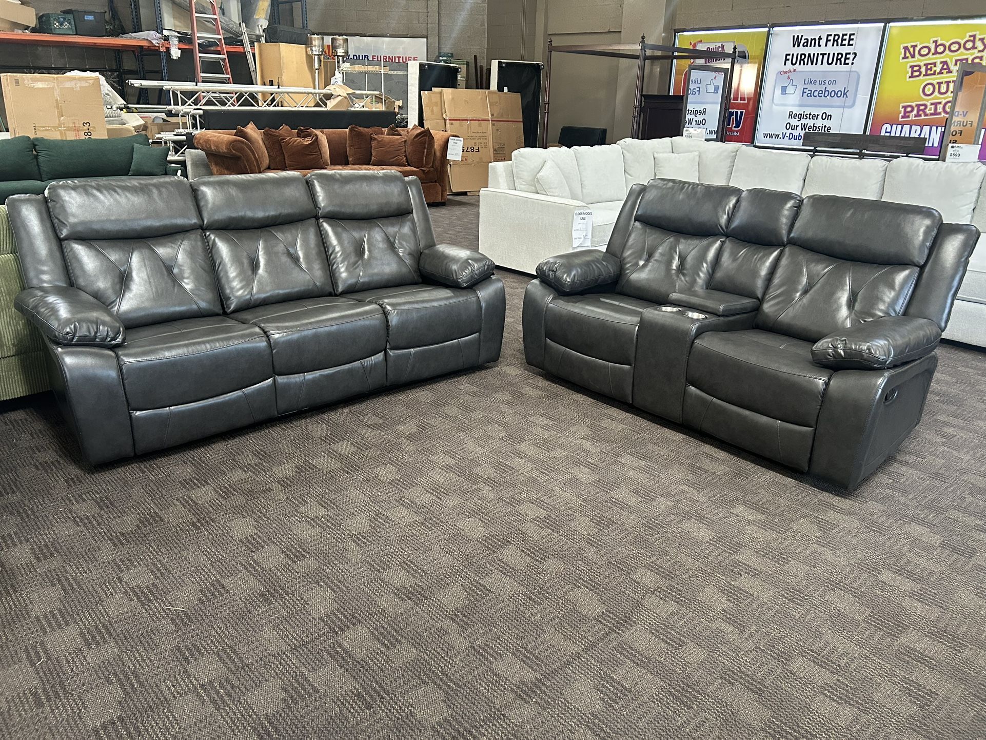 Charcoal Gray Leather Reclining Sofa Set