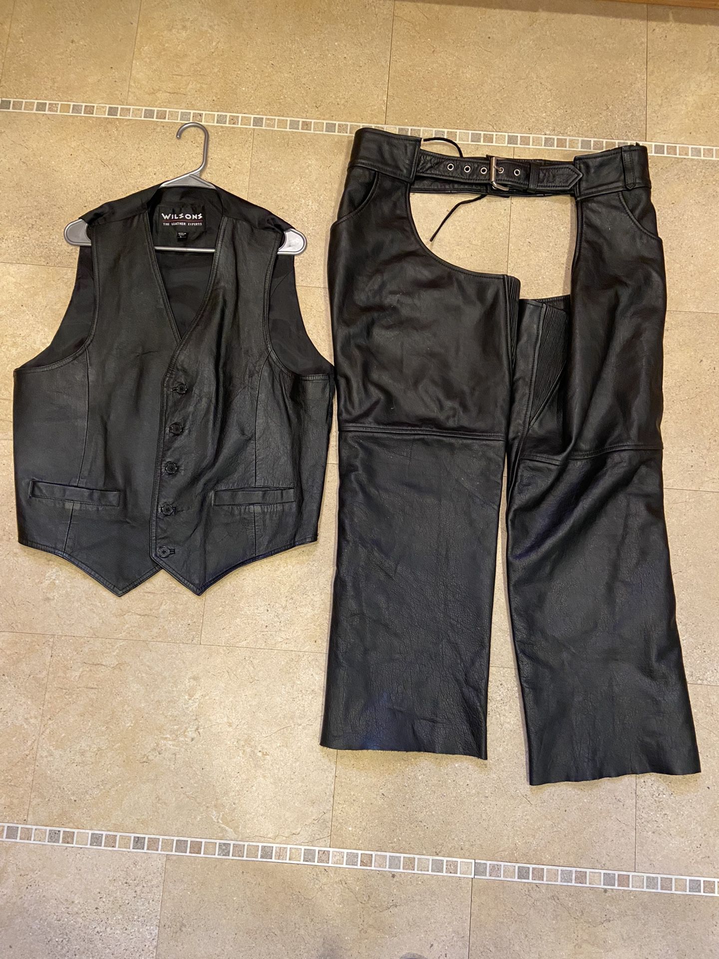 L Wilson leather vest $40,  2X Eagle leather Riding chaps $60