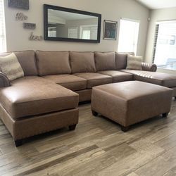 Sofa With Double Chaise Leather Look With Chrome Nails 