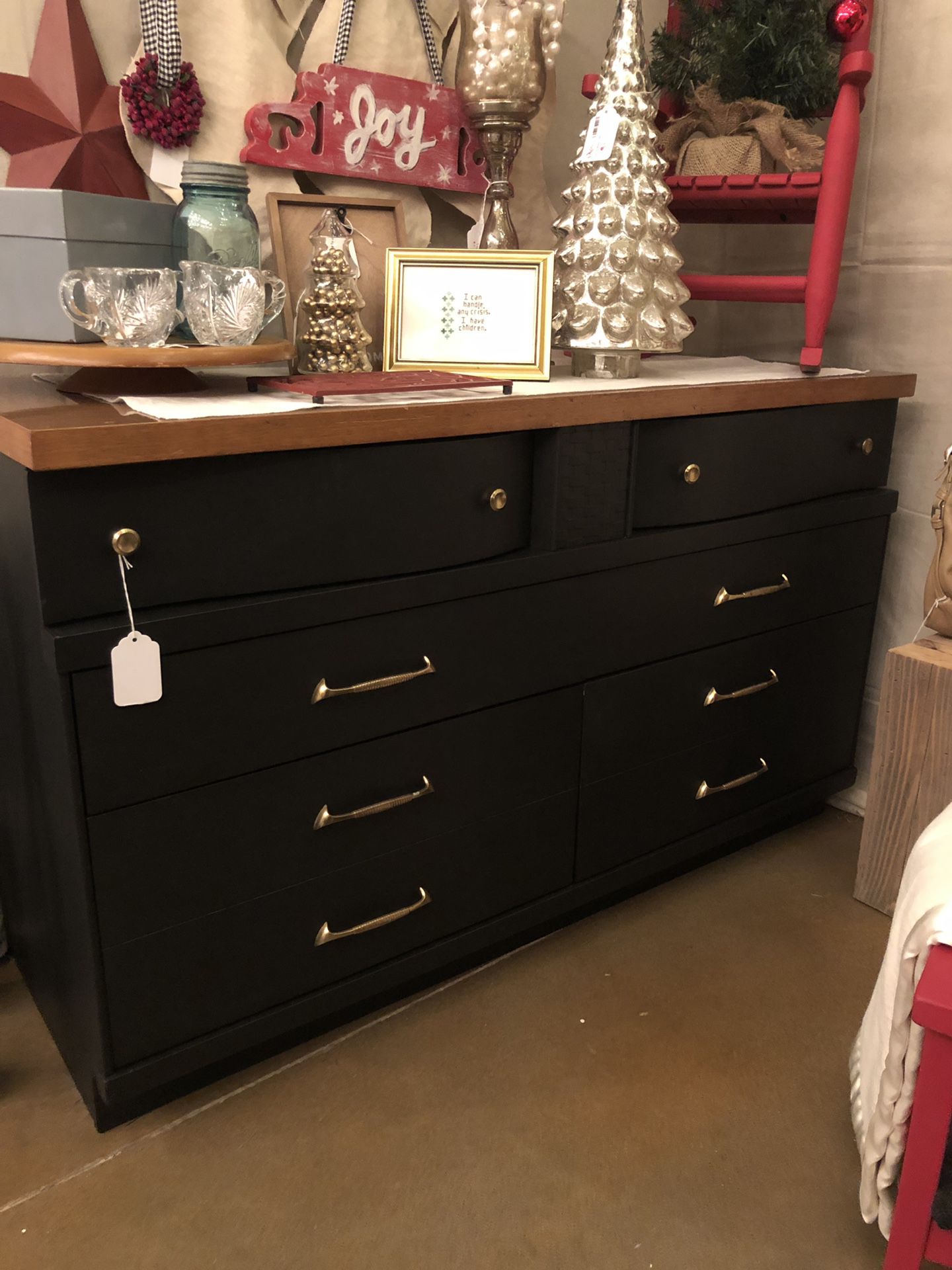 6 drawer dresser black and wood, gold hardware