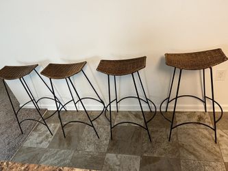 Vintage Arthur Umanoff Style Wrought Iron & Wicker Bar Stools - Set Of 4