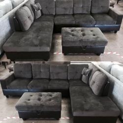 Gray microfiber sectional couch and ottoman