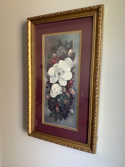 Vintage Floral & Fruit Print in Antiqued Gold Frame