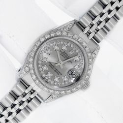 Rolex Lady Datejust 26mm Stainless Steel Grey String Diamond Dial Bezel Watch