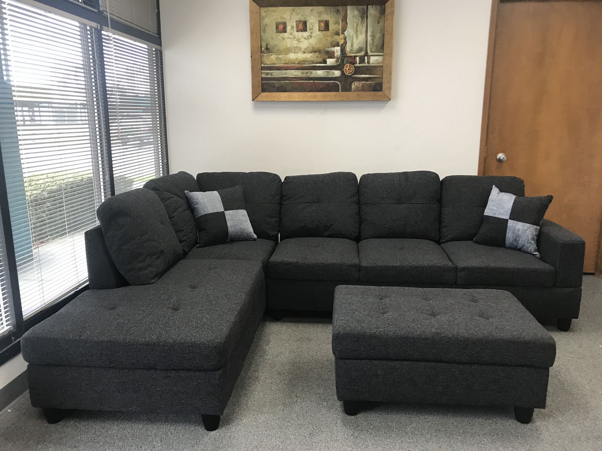 New Never Used ! Dark grey sectional couch set with storage ottoman!