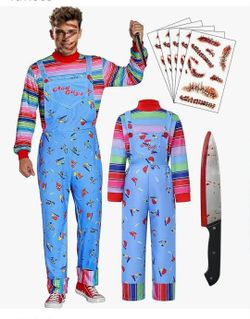 NEW Adult Halloween Costume Chucky Costume for Men Women Long Sleeve Overalls Prop Knife Toy Scar Tattoos, Medium