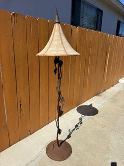 Antique Wrought Iron Floor Lamp with Woven Shade