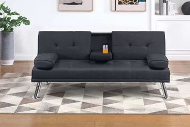 Brand new black or brown faux leather sofa futon with cup holders (66" x 37" x 16" H)