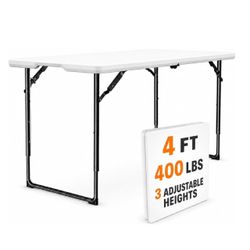 4ft Folding Table with Adjustable Height, Heavy Duty Fold-in-Half Plastic Table with Steel Legs and Handle, Portable for Indoor, Outdoor, Picnic, Camp