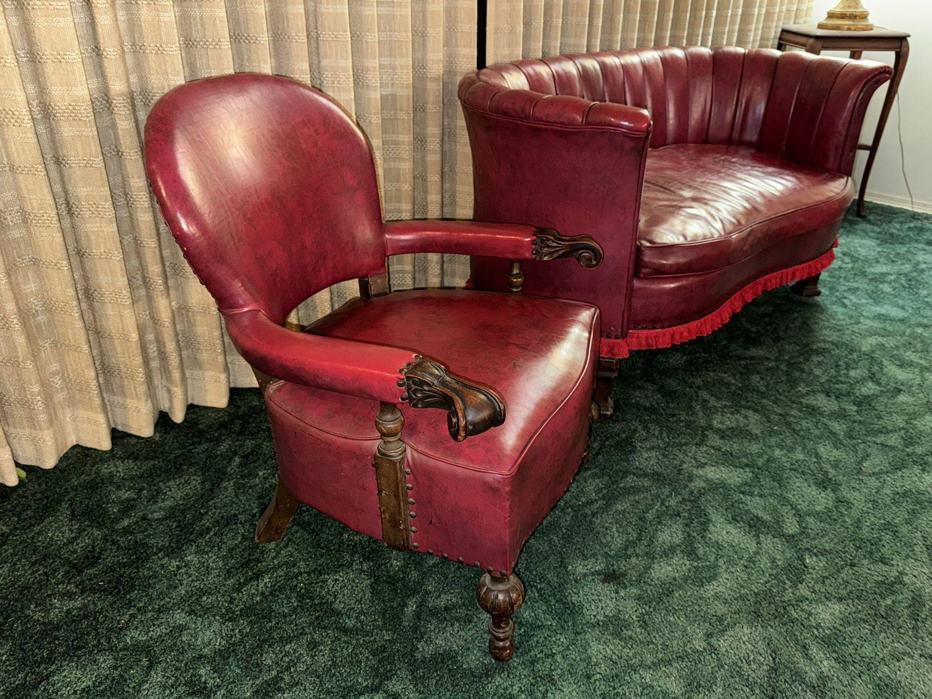 Vintage Red Leather Sofa & Arm Chair