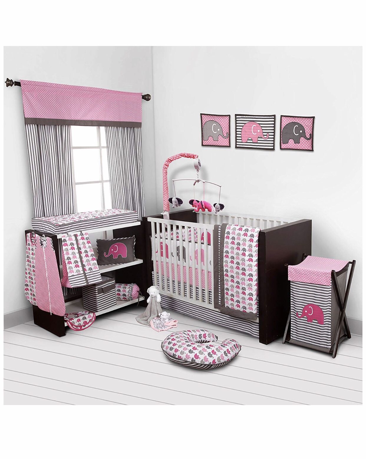 Bacati - Elephants Pink/Grey 10-Piece Nursery in a Bag Girls Crib Baby Bedding Set with Bumper Pad