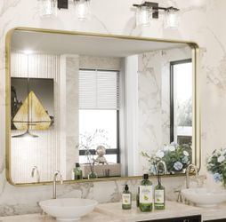 TokeShimi - Rectangular bathroom wall mirror, aluminum alloy metal frame, rounded corners, deep and rustic design, horizontal or vertical, gold (40 x 
