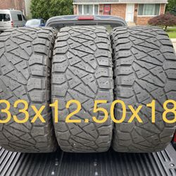 3) 33x12.50x18 Nitto Ridge Grappler Tires  Load range F  DOT 0320  $300 for 3 $250 for 2 $150 for 1  I carry other sizes as well