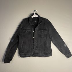 Forever 21 Men’s Black Distressed Jacket XXL Classic Button-Up Jean Jacket