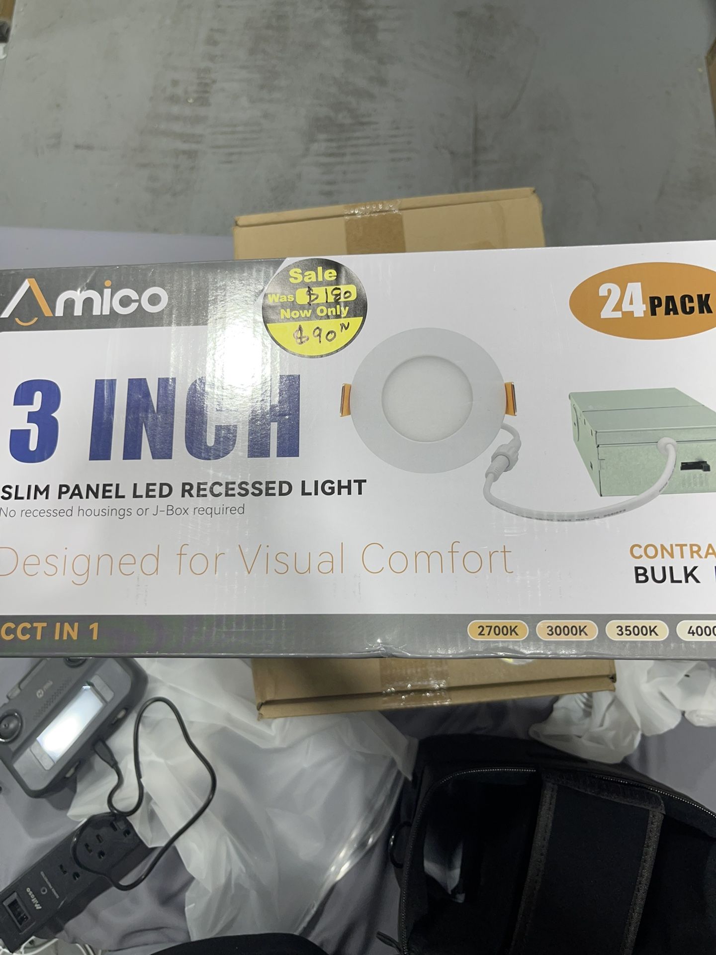 Amico 24 Pack 3 Inch 5CCT Ultra-Thin LED Recessed Ceiling Light with Junction Box, 2700K/3000K/3500K/4000K/5000K Selectable, 7W Eqv 60W, Dimmable Canl