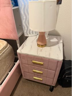 Wooden  nightstand  with 3 drawers and metal legs handles beside table (pink+velvet)