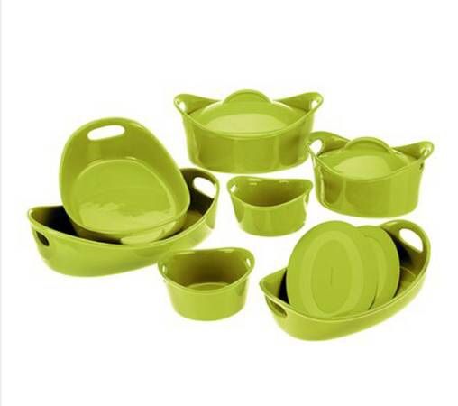 New Rachel Ray 11-Piece “Bubble and Brown” Green Glazed Roasters, Casseroles, Trivets, Lids