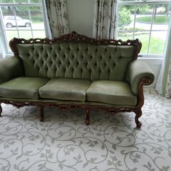 Beautiful Carved Antique Green Velvet Couch