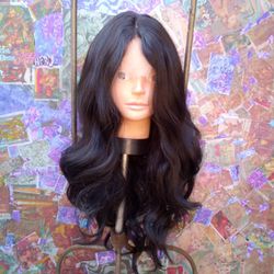 100% Real Human Hair Wavy 24 In Long Black Virgin Full Lace Wig