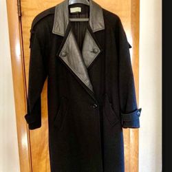 Black Wool And Leather Long Winter Coat Ladies Large