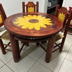 Wood rustic dinning room set of 4 chairs with sun engraved