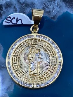 $450 Three Tone Yellow White and Rose Gold Saint Jude Zirconia Religious Charm Pendant