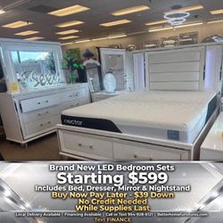 White LED Bedroom Set with Bed, Dresser, Mirror & Nightstand
