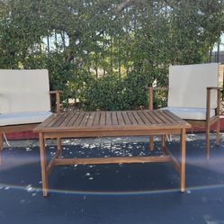 Acacia Wood Patio Conversation Set with Beige Cushions