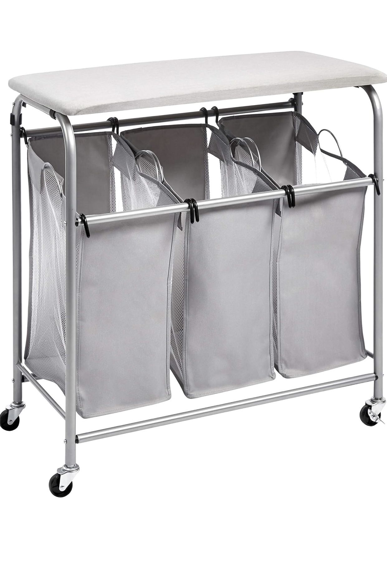 3-Bag Rectangular Laundry Sorter with Ironing Board Top Grey