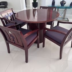 Elegant Round Wood Table with 4 Armchairs – Dining or Office Set