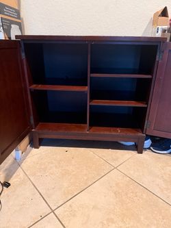 Dark Wood Storage Cabinet with Shelves – Good Condition