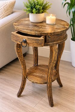 Rustic Wood Round Side Table with Drawer – 30$