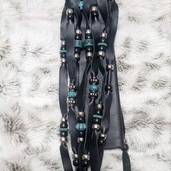 Black Leather Motorcycle Hair Accessory with Silver Turquoise & Rose Accents