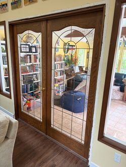 Solid oak interior French door ￼with lead glass