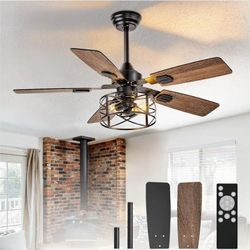 9638: New 42-Inch Ceiling Fans with Lights: Caged Ceiling Fans Dual Finish 5 Blades - Rustic Ceiling Fan with Remote Control for Farmhouse Living Room