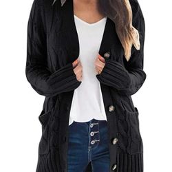 MEROKEETY Women's Long Sleeve Cable Knit Sweater Open Front Cardigan Button Loose Outerwear

