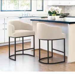 Modern Linen Upholstered Barrel Counter Height Bar Stools Set of 2 Black Metal Frame 35.2”
