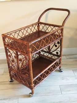 Vintage Two-Tier Rattan and Bamboo Bar Cart,  See Description