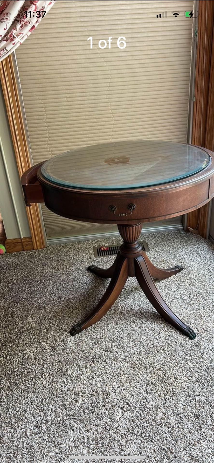 Antique Drum Table With Leather And Glass Top
