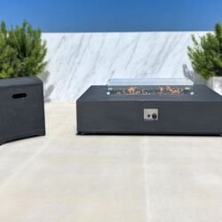 Black Iron Patio Fire Pit Table w/ Glass Top & Square Tank Cover