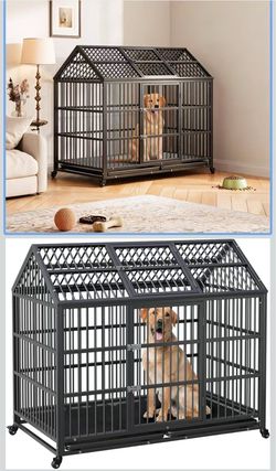 Inches Heavy Duty Dog Crate, Large Metal Dog Cage with Roof Top, 2 Door Pet Cage House with Removable Tray and Wheels for Large Dog$100
